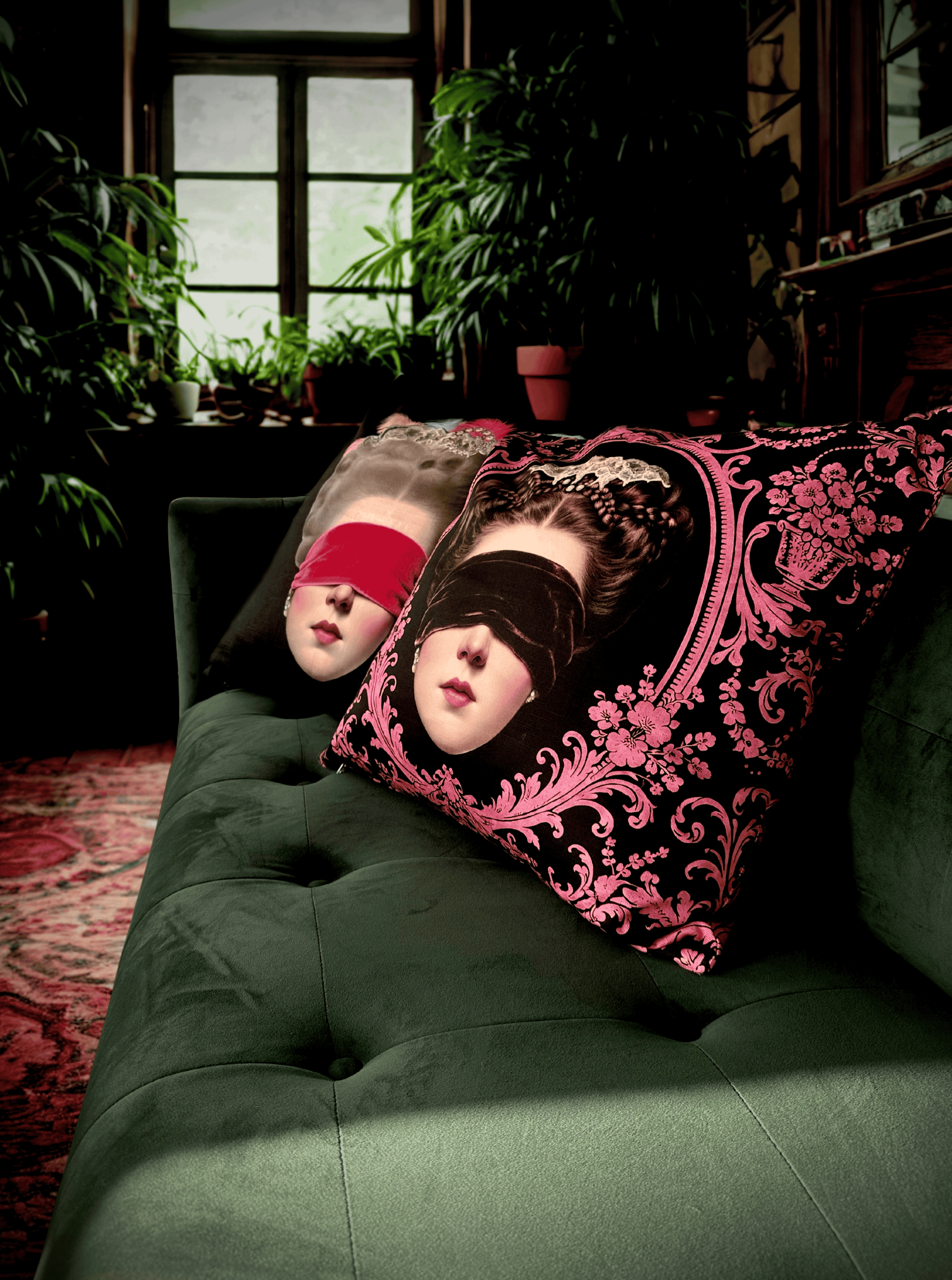 Off With Her Head cushions on dark sofa